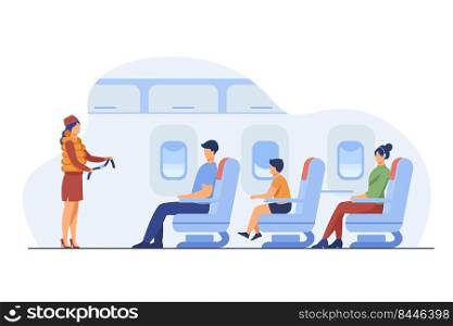 Flight attendant explaining safety instructions. Passenger, airplane, belt flat vector illustration. Travelling and vacation concept for banner, website design or landing web page