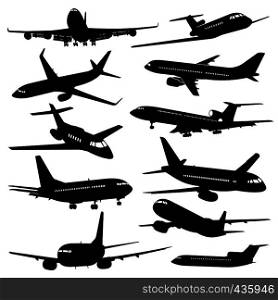 Flight aviation vector icons. Airplane black silhouettes in sky. Illustration of airplane flight, aviation and aircraft. Flight aviation vector icons. Airplane black silhouettes
