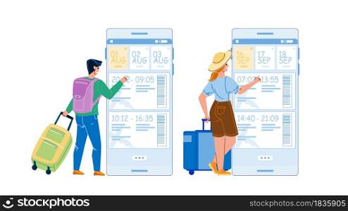 Flight Booking Online Phone Application Vector. Man And Woman Travelers Choosing And Buying Airplane Ticket On Smartphone, Flight Booking App. Characters Registration Flat Cartoon Illustration. Flight Booking Online Phone Application Vector
