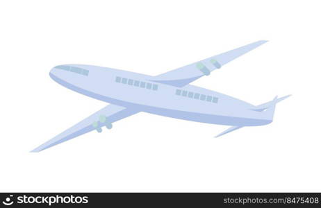 Flight by passenger airplane semi flat color vector object. Safe aircraft. Full sized item on white. Travelling by air simple cartoon style illustration for web graphic design and animation. Flight by passenger airplane semi flat color vector object