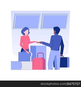 Flight check-in isolated concept vector illustration. Man deals with check-in for flight, business class travel, drop luggage in the airport, luxury passengers work trip vector concept.. Flight check-in isolated concept vector illustration.