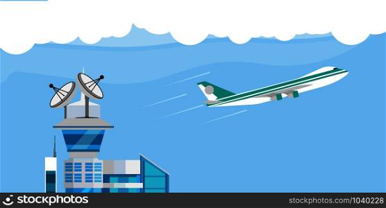 Flight control center airplane vector illustration flat launch station. Cartoon tower satellite discovery travel takeoff aviation sky system