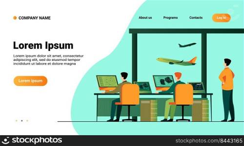 Flight control center isolated flat vector illustration. Cartoon airport command room or tower for fly track controlling. International transportation and weekend concept