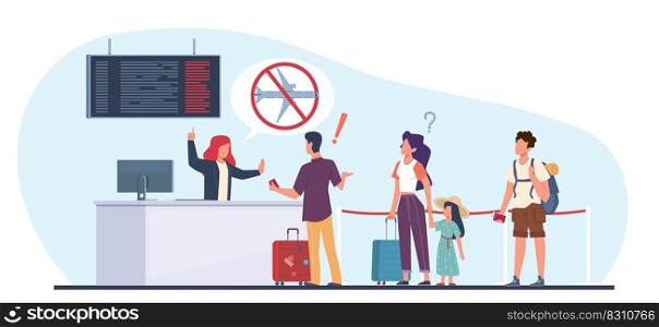 Flight delay or cancellation, passengers upset by flight termination. People registers waiting plane departure, travellers with luggage in queue cartoon flat isolated illustration. Vector concept. Flight delay or cancellation, passengers upset by flight termination. People registers waiting plane departure, travellers with luggage in queue cartoon flat illustration. Vector concept