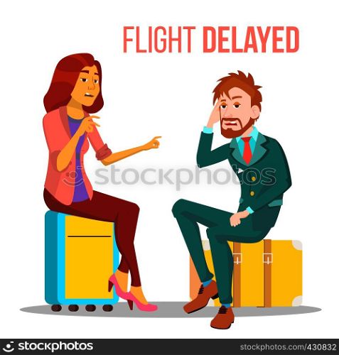 Flight Delayed, Cancelled Cartoon Vector Poster Template. Tired, Stressed People In Airport Terminal. Man And Woman Sitting On Suitcases In Departure Lounge. Travel, Business Trip Flat Illustration. Flight Delayed, Cancelled Cartoon Vector Poster Template