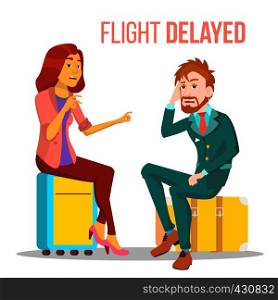 Flight Delayed, Cancelled Cartoon Vector Poster Template. Tired, Stressed People In Airport Terminal. Man And Woman Sitting On Suitcases In Departure Lounge. Travel, Business Trip Flat Illustration. Flight Delayed, Cancelled Cartoon Vector Poster Template