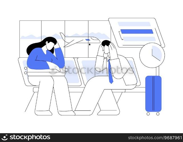 Flight delayed isolated cartoon vector illustrations. Unhappy couple waiting for departure in the airport, cancelled flights, plane boarding problem, people lifestyle vector cartoon.. Flight delayed isolated cartoon vector illustrations.