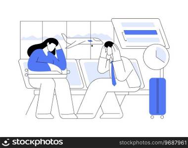 Flight delayed isolated cartoon vector illustrations. Unhappy couple waiting for departure in the airport, cancelled flights, plane boarding problem, people lifestyle vector cartoon.. Flight delayed isolated cartoon vector illustrations.