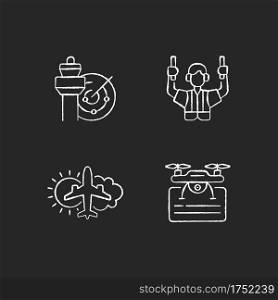 Flight dispatch chalk white icons set on black background. Air traffic control. Aeronautical meteorology. Drone license. Flight safety guarantee. Isolated vector chalkboard illustrations. Flight dispatch chalk white icons set on black background