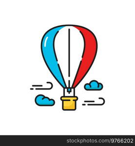 Flight on hot air balloon in sky, amusement park attraction color line icon. Vector playground funfair entertainment, flights on air balloon, blue clouds. Sky with aerostate, leisure sport activity. Hot air balloon flying in clouds color line icon
