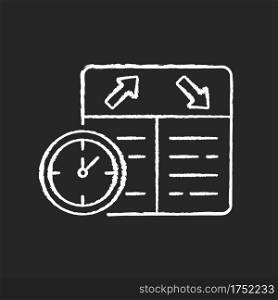 Flight scheduling chalk white icon on black background. The ability to plan trips. Punctual air companies. Schedule. Silhouette symbol on white space. Isolated vector chalkboard illustration. Flight scheduling chalk white icon on black background