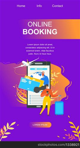 Flight Tickets Booking Service Flat Vector Web Banner. Traveling Woman, Female Tourist Searching Airline and Buying Airplane Tickets in Internet Illustration. Airline Company Landing Page Template