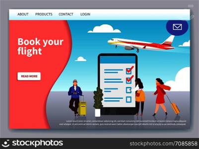 Flight travelling landing. Mobile app web page for of booking and buying ticket on plane vacation vector website, flat travel equipment holiday reservation illustration. Flight travelling landing. Mobile app web page for of booking and buying ticket on plane vacation vector website illustration