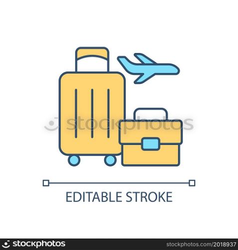 Flight trip RGB color icon. Air travel. Airplane journey. Plane voyage. Departure and arrival. Luggage check in at airport. Isolated vector illustration. Simple filled line drawing. Editable stroke. Flight trip RGB color icon