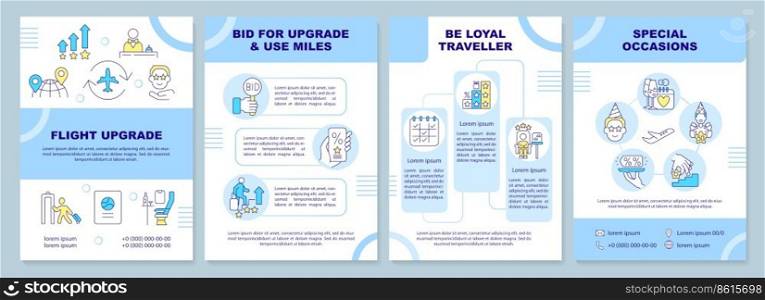 Flight upgrade blue brochure template. Business class airlines. Leaflet design with linear icons. Editable 4 vector layouts for presentation, annual reports. Arial-Black, Myriad Pro-Regular fonts used. Flight upgrade blue brochure template