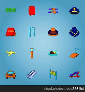 Flights icons set. Cartoon illustration of 16 flights vector icons for web. Flights icons set, cartoon style