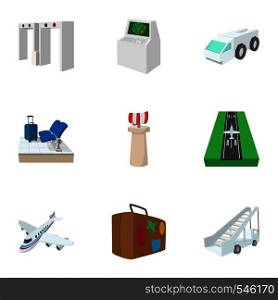 Flights icons set. Cartoon illustration of 9 flights vector icons for web. Flights icons set, cartoon style