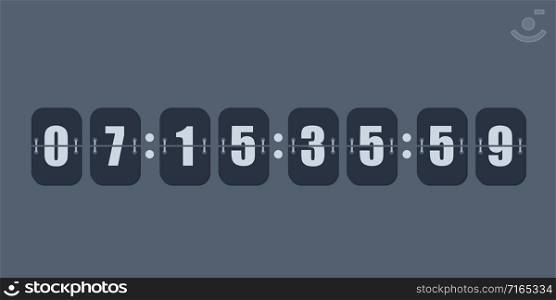 Flip countdown clock counter timer. Vector time remaining count down flip board with scoreboard of day, hour, minutes and seconds for web page upcoming event template design, under constuction page.
