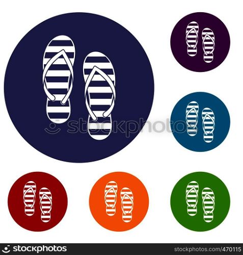 Flip flop icons set in flat circle reb, blue and green color for web. Flip flop icons set