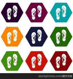 Flip flop sandals icon set many color hexahedron isolated on white vector illustration. Flip flop sandals icon set color hexahedron