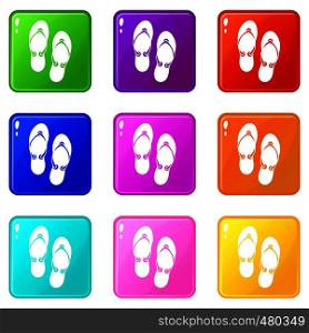 Flip flop sandals icons of 9 color set isolated vector illustration. Flip flop sandals set 9