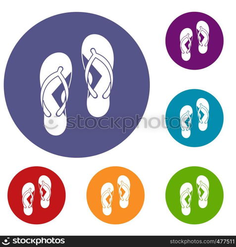 Flip flop sandals icons set in flat circle red, blue and green color for web. Flip flop sandals icons set