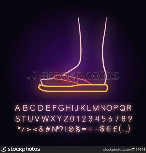 Flip flops neon light icon. Woman stylish footwear design. Female beach shoes, modern summer season flats side view. Glowing sign with alphabet, numbers and symbols. Vector isolated illustration