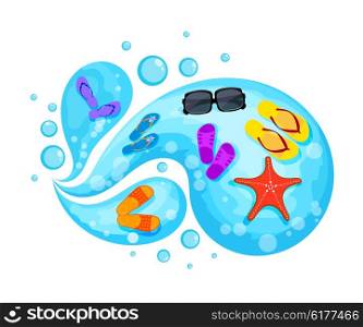 Flip flops on the wave of the sea. Concept Summer beach holiday. Vacations in the tropics, vacation on the islands. Flip flops on the wave. Illustration of beach tourism, travel agency advertising element. Stock vector
