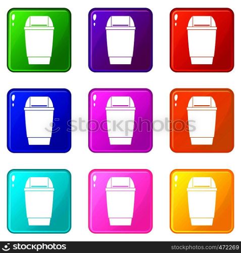 Flip lid bin icons of 9 color set isolated vector illustration. Flip lid bin icons 9 set