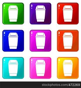 Flip lid bin icons of 9 color set isolated vector illustration. Flip lid bin icons 9 set