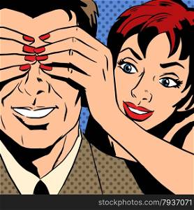 Flirt woman who is closed the man eyes comics retro style pop art. The theme of love, relationships and communication. Imitation bitmap effect