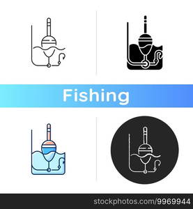 Float icon. Fishing tournament. Fishing bait with bobber and hook. Special fisherman equipment. Basic fishing gear. Linear black and RGB color styles. Isolated vector illustrations. Float icon