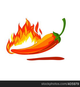 Floating chili on white background with blaze flame, drawing vector illustration.