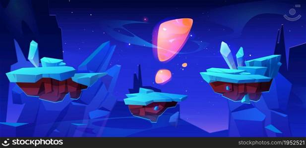Floating islands, game background, level design. Cartoon 2d ui nature location with flying platforms and crystals at rocky landscape. Arcade elements for jumping, parallax graphic for pc or mobile. Floating islands, game background, level design