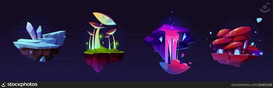 Floating islands ice crystal or rock, mushrooms, pink waterfall fantasy alien planet landscape locations, 2d game level design, ui flying platforms for jumping, graphic for arcade, Cartoon vector set. Flying, floating islands alien planet landscape