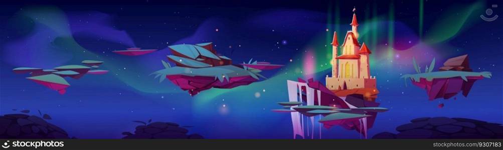 Floating islands with castle, waterfall and aurora sky. Vector cartoon illustration of pieces of land flying in night sky, green grass and stones, fairy tale palace building. Adventure game platforms. Floating islands with castle, waterfall and aurora
