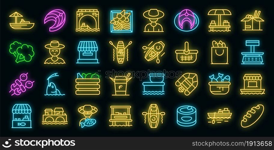 Floating market icons set. Outline set of floating market vector icons neon color on black. Floating market icons set vector neon