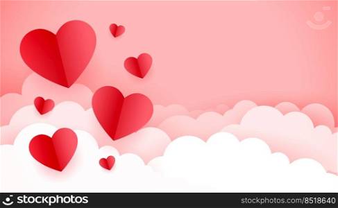 floating paper hearts on clouds pink background for valentines day