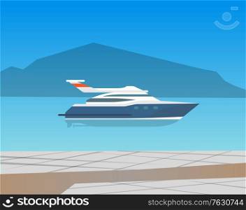 Floating pleasure power boat. Yacht sailing in sea or ocean and mountain view on background. Vessel transport, seascape and marine recreation. Vector illustration in flat cartoon style. Speed Boat Yacht on Seascape Vector Illustration