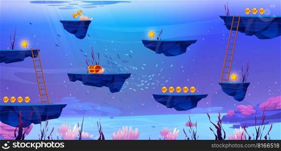 Floating rock islands vector game underwater landscape. Ui level map with flying platform, gold goin, ladders on blu under sea background. Cartoon arcade world design with seabed, anemones and algae. Floating rock islands vector underwater game