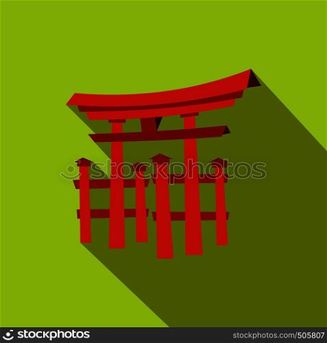 Floating Torii gate, Japan icon in flat style on a green background . Floating Torii gate, Japan icon, flat style