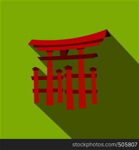 Floating Torii gate, Japan icon in flat style on a green background . Floating Torii gate, Japan icon, flat style