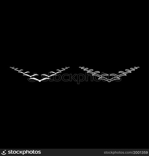 Flock of birds flying in the sky in wedge key Leadership concept Migration silhouette icon white color vector illustration flat style simple image set. Flock of birds flying in the sky in wedge key Leadership concept Migration silhouette icon white color vector illustration flat style image set