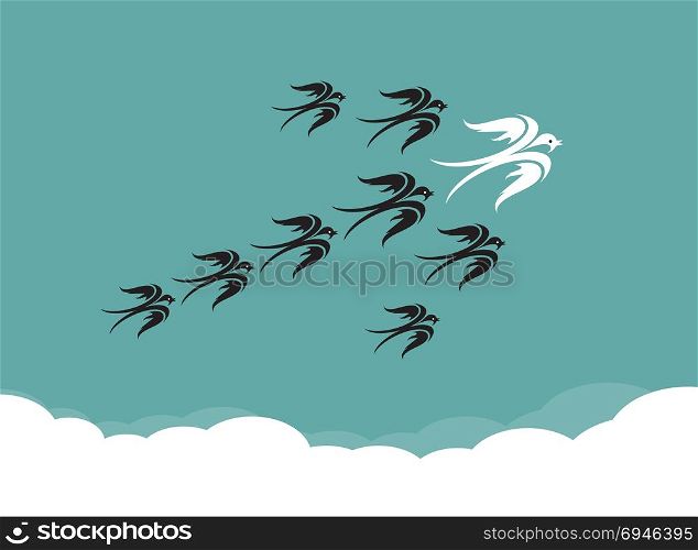 Flock of birds(swallow) flying in the sky, Leadership concept