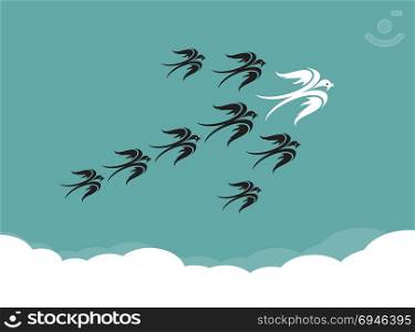 Flock of birds(swallow) flying in the sky, Leadership concept