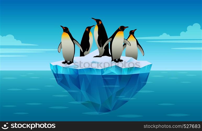 Flock Of Emperor Penguins On Ice Floe In Cold Water. Glacier, Ice Brick Floating In Cold Sea. Tallest And Heaviest Penguin Species. Antarctic Landscapes. Vector Illustration In Flat Style.. Flock Of Emperor Penguins On Ice Floe In Cold Water