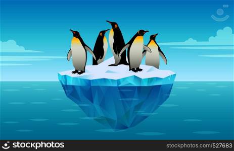 Flock Of Emperor Penguins On Ice Floe In Cold Water. Glacier, Ice Brick Floating In Cold Sea. Tallest And Heaviest Penguin Species. Antarctic Landscapes. Vector Illustration In Flat Style.. Flock Of Emperor Penguins On Ice Floe In Cold Water