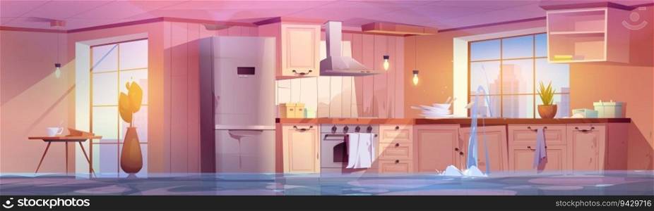 Flood and broken home kitchen room cartoon vector illustration. Abandoned and damage rustic house interior with insurance leak problem background. Sunny ray in window with cityscape view near table. Flood and broken home kitchen room cartoon vector
