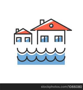 Flood blue color icon. Sinking settlement. Submerged houses. Flooding locality. Overflow of water. River, lake level rise. Natural disaster. Isolated vector illustration