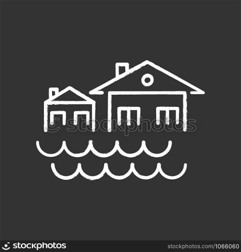 Flood chalk icon. Sinking settlement. Submerged houses. Flooding locality. Overflow of water. River, lake level rise. Natural disaster. Isolated vector chalkboard illustration